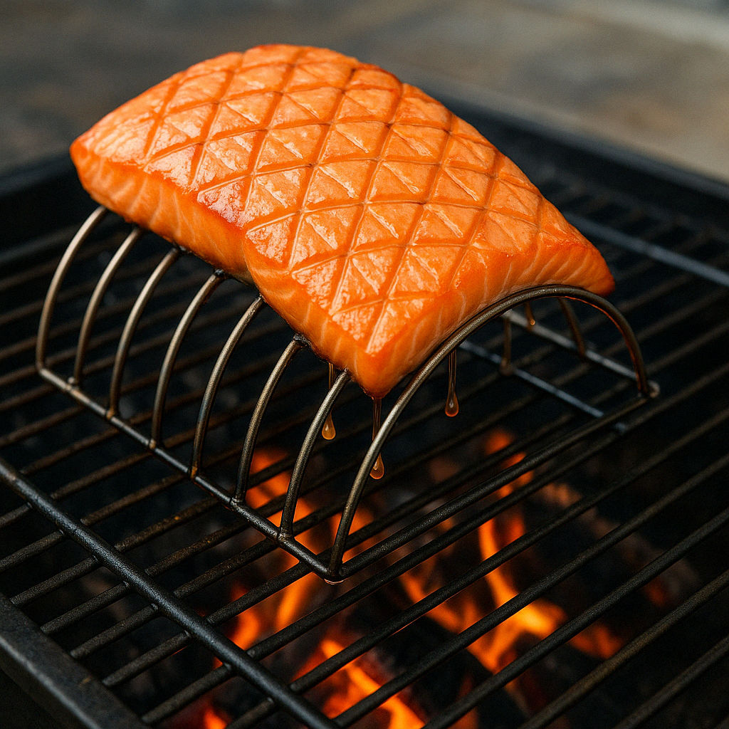 Grillarch with perfectly cooked salmon on a grill